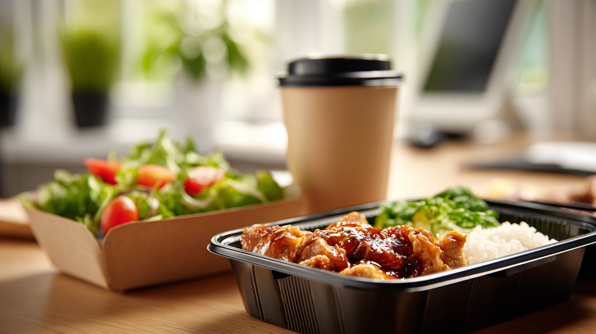 Я могу заказать сочную курицу терияки с рисом и к ней большой салат с зелёными овощами и томатами.