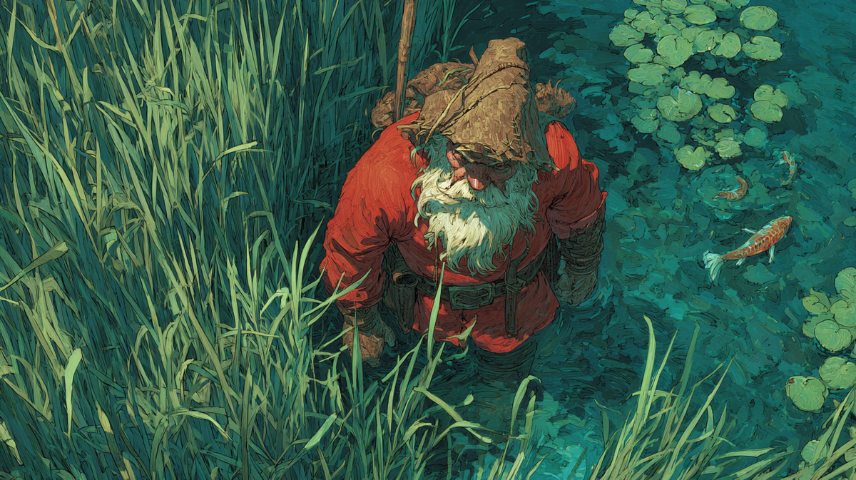 Водяной выходит на свет — не гроза, а хозяин. Его народная рубаха и зелёная борода сливаются с травами и водой. В его взгляде — древняя мудрость тех, кто веками оберегал речные тайны. Видеть его — привилегия избранных.