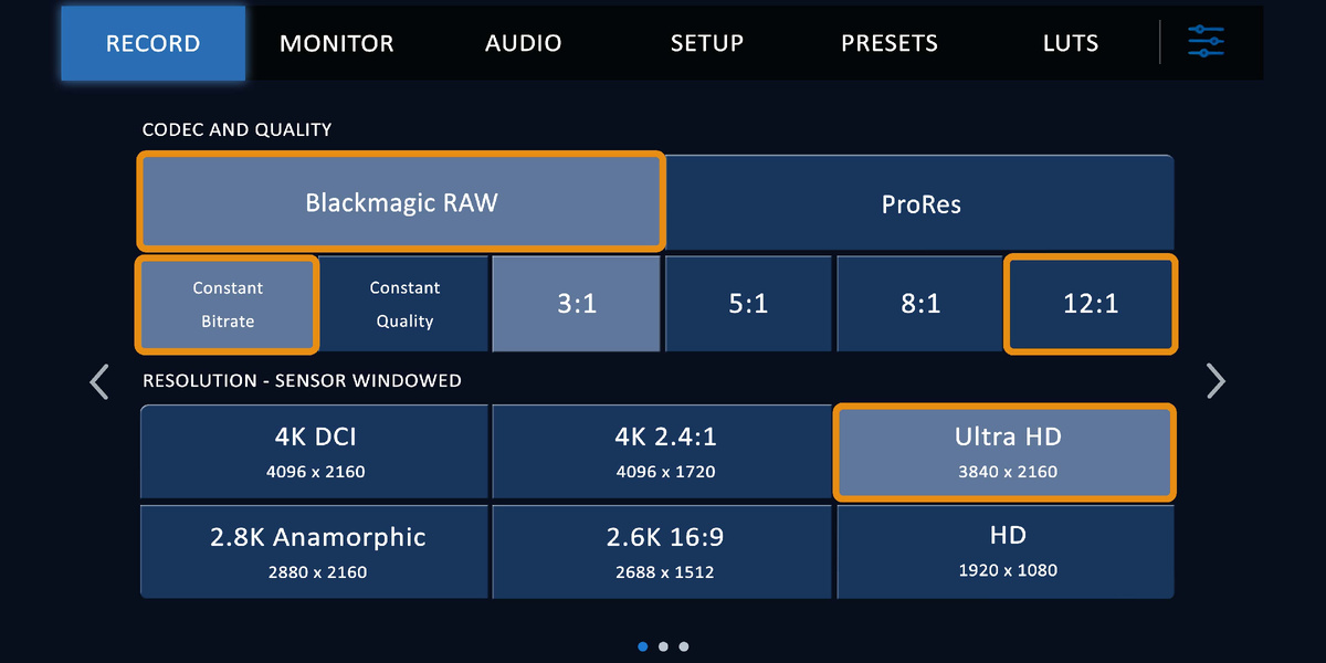 Меню камеры RECORD. Первый экран