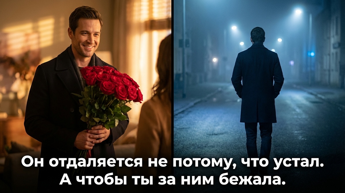 Мужчина то дарит цветы, то уходит в холод. Иллюстрация эмоциональных качелей и манипуляции в отношениях. Стиль Давида.