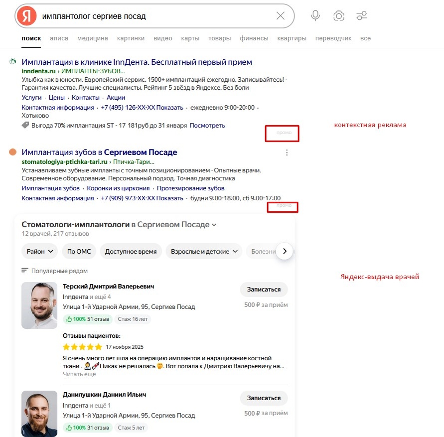 Контекстная реклама выше всего. Далее Яндекс-выдача врачей.