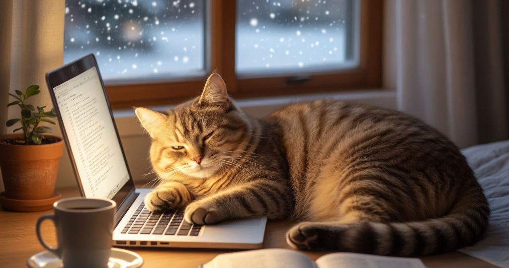 ЛАЙФХАКИ ЗИМНЕГО СЕЗОНА. Тайна теплого брюшка: Зачем кот зимой всегда ложится на ваши вещи — от ноутбука до книг.