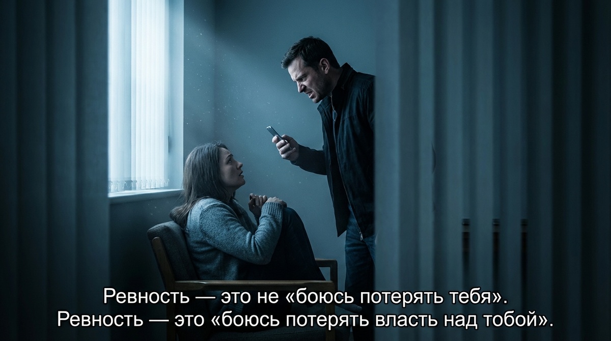 Мужчина проверяет телефон женщины, устраивая сцену ревности. Тотальный контроль и абьюз в семье. Стиль Давида.