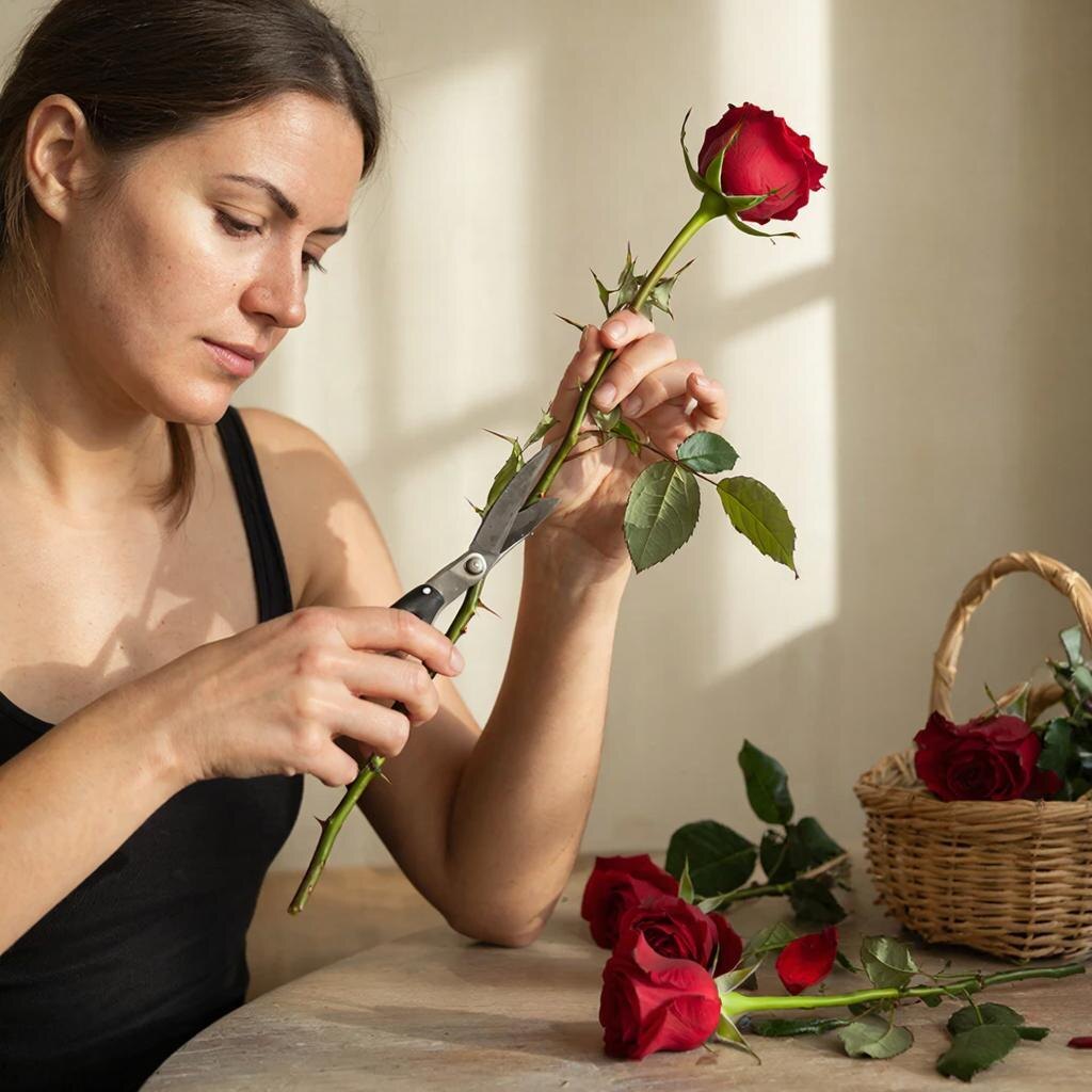 Для обрезки используйте секатор или острый нож. Твердые стебли дополнительно расщепите на 4 части на высоту 1-2 см.