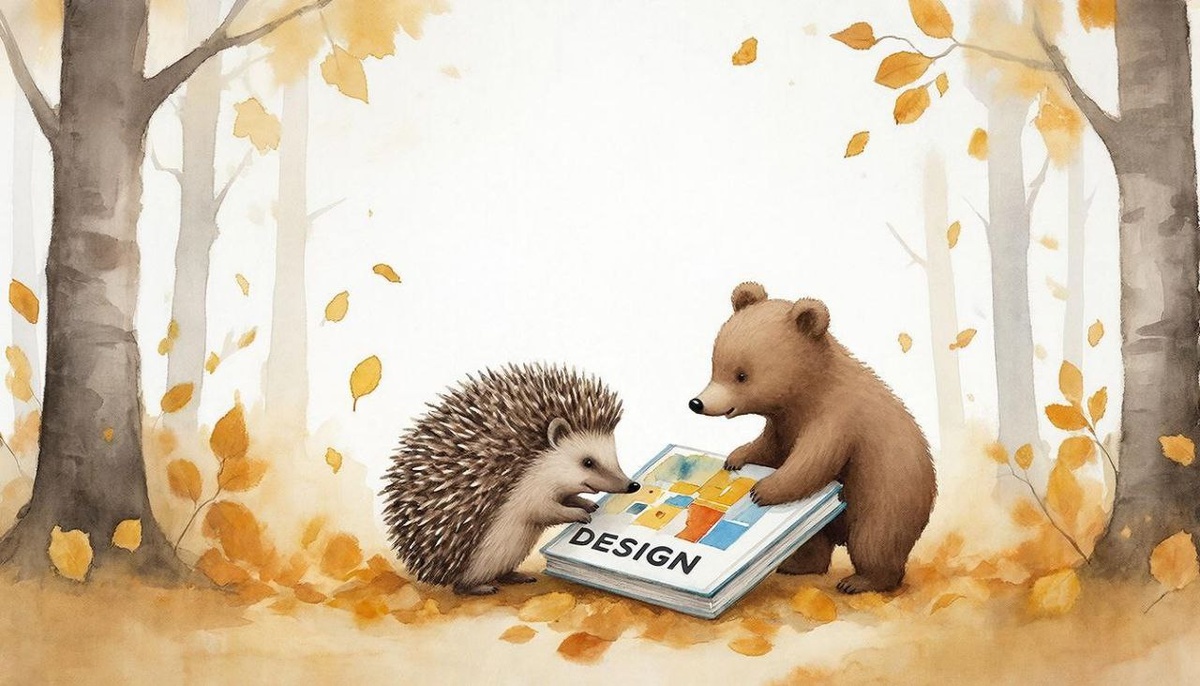 Гуляя в лесу, ёжик и медвежонок нашли книгу по дизайну.
