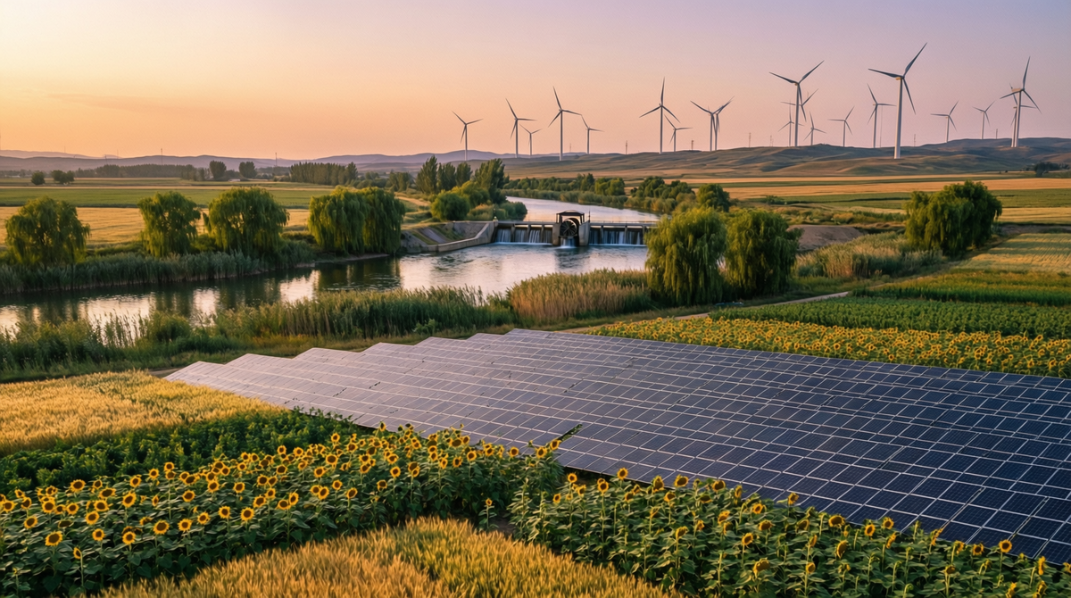 Подсолнухи возле реки. А также ветровые станции и солнечные панели. 2026 год