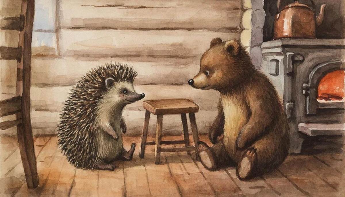 Ежик и медвежонок обнаружили, что подставка под кастрюлю называется "табурет"