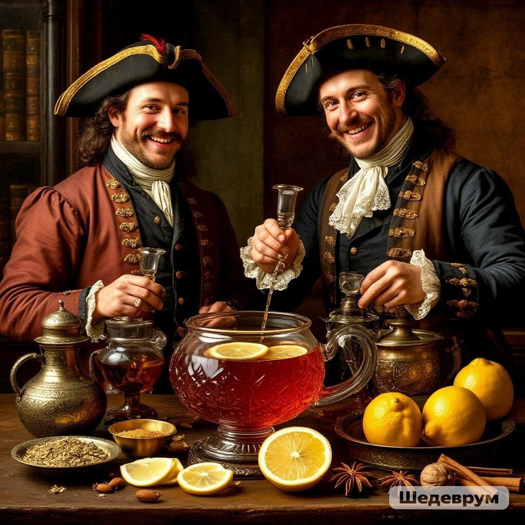 Моряки Ост-Индской компании изобретают рецепт пунша, изображение сгенерировано ИИ