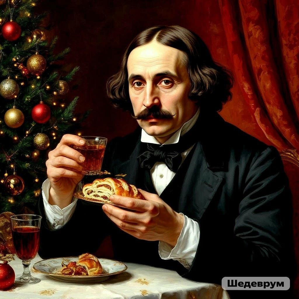 Николай Гоголь наслаждается кулебякой на Новый год, изображение сгенерировано ИИ