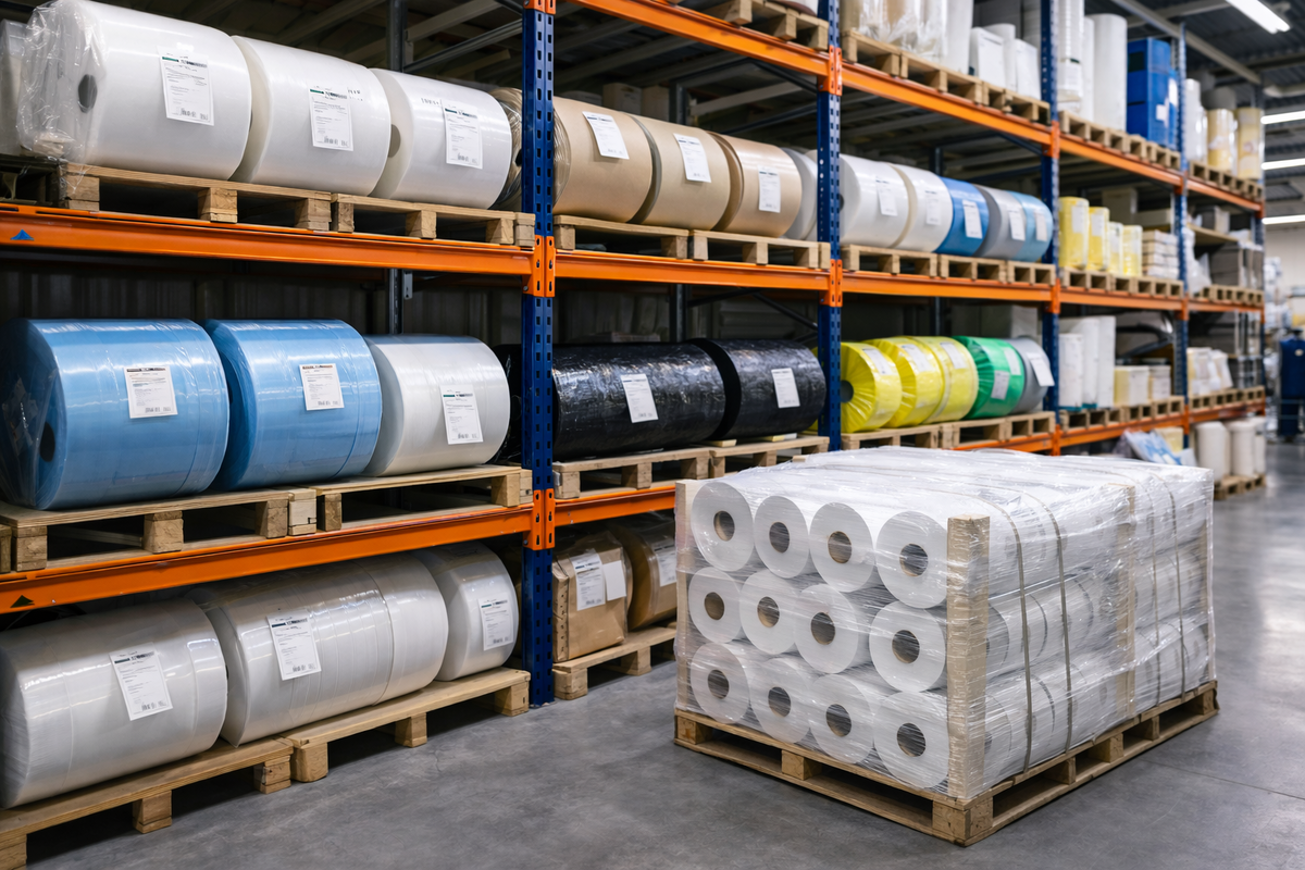 Склад готовых и исходных рулонных материалов с маркировкой параметров.