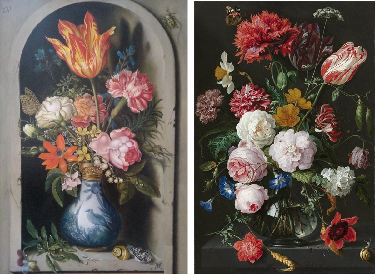 1 - Амброзиус Босхарт Старший "Букет в арочном окне", 2 -  Ян Давидс де Хем "Букет в вазе"