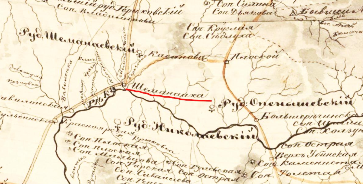 Шемонаевское (Шемонаиха) на карте Алтайского горного округа Томской губернии 1863 года
