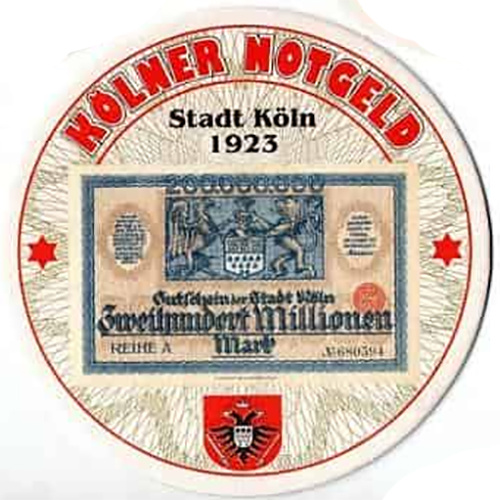 Пивной бирдекель фирмы Heinrich Reissdorf с изображением нотгельда города Кёльн.