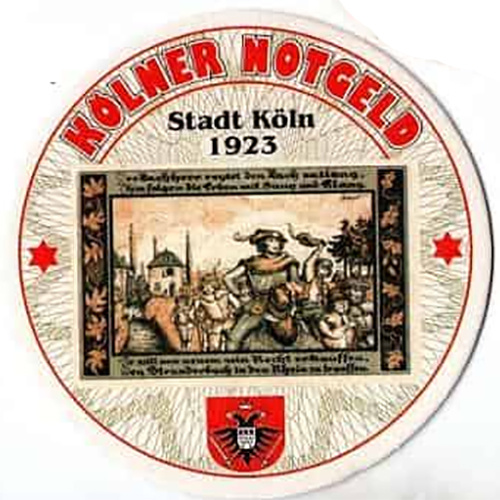 Пивной бирдекель фирмы Heinrich Reissdorf с изображением нотгельда города Кёльн.