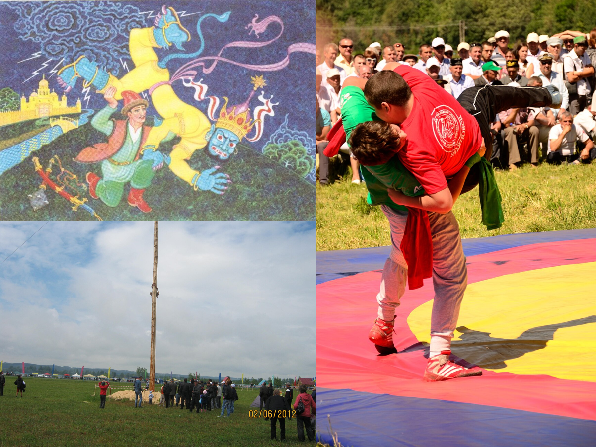 Лазание на шест (Сабантуй). Автор: Илсурикат. Лицензия: CC BY-SA 3.0. Куреш (национальная борьба на поясах) на празднике Сабантуй в парке Победы, Ульяновск. Автор: Якупов Рамиль. Лицензия: CC BY 3.0. Иллюстрация «Юноша борется с дэвом». Автор: Рушан Шамсутдинов. Лицензия: Free Art (Art Libre).