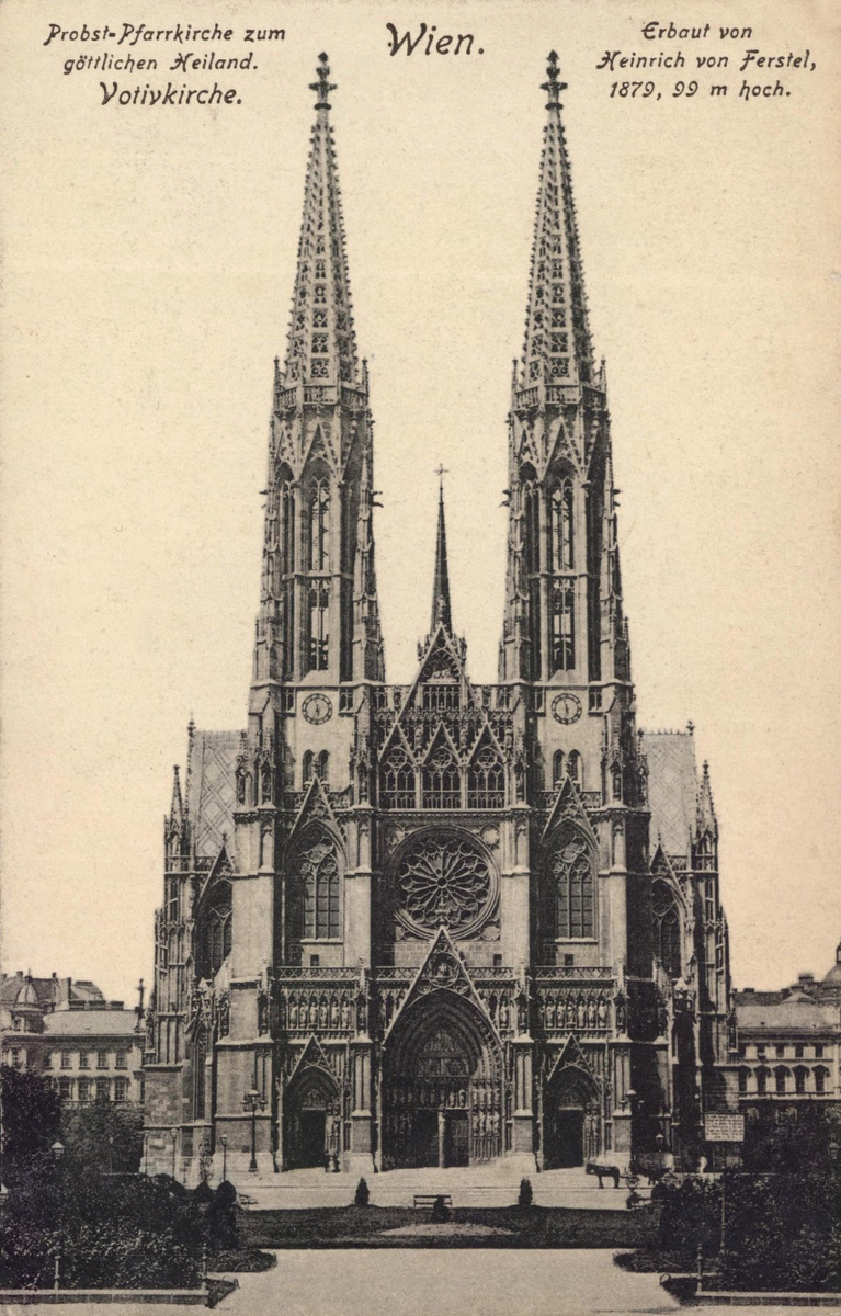 Вена. Votivkirche. Главный фасад Вотивкирхе. Неизвестный фотограф. Изд. K. Ledermann № 1580. 1908 г.