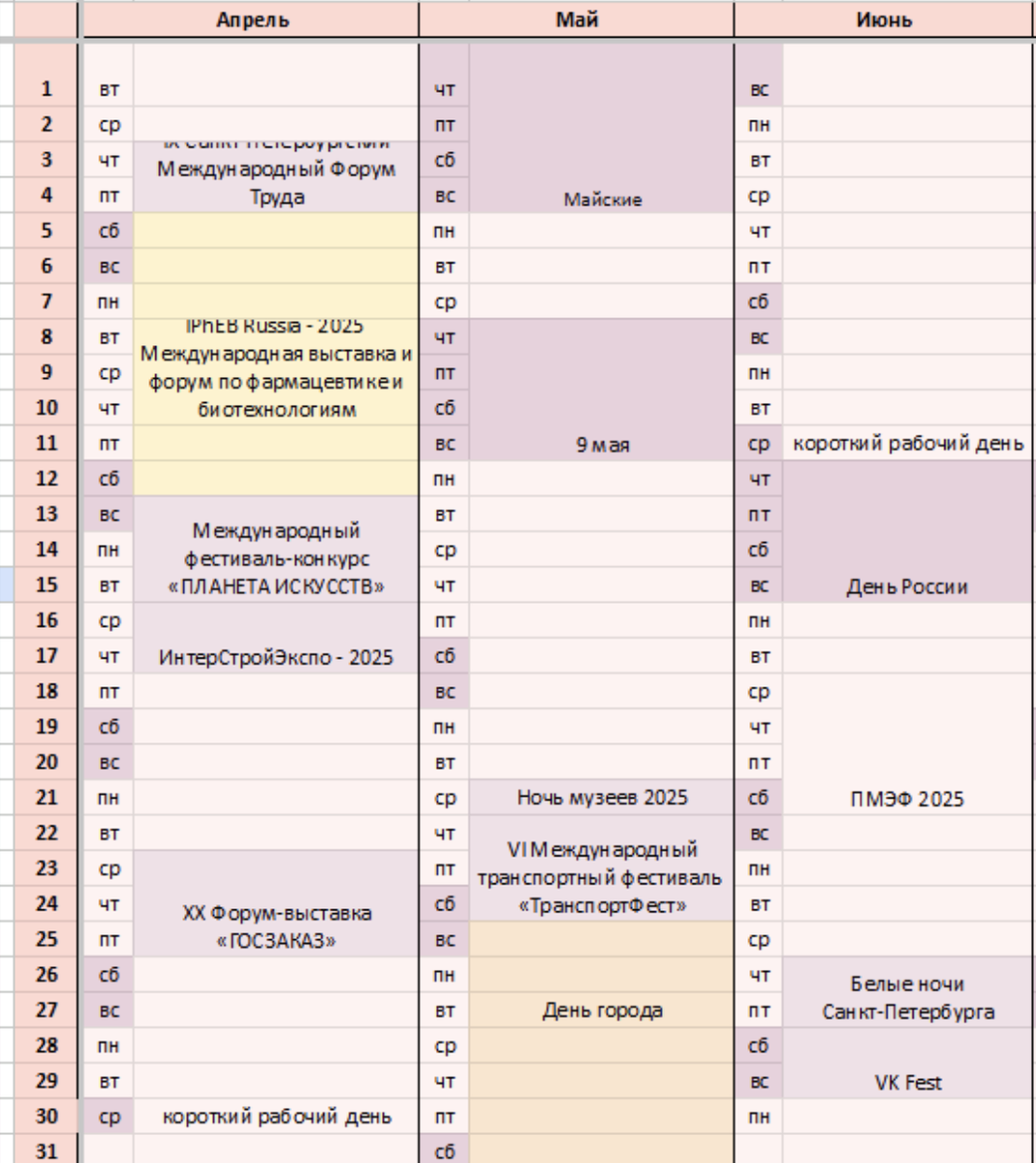 Пример событийного календаря
