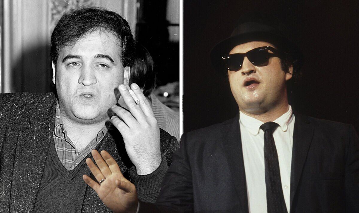 Джон Белуши и кадр из к/ф "Братья Блюз"