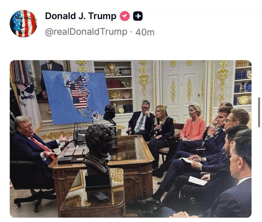Трамп опубликовал в Сети изображение, где он находится в Овальном кабинете в окружении лидеров ЕС, а на заднем плане висит карта Америки, где в цветах американского флага изображены Канада, Гренландия и Венесуэла. Фото сгенерировано ИИ. Скрин поста 