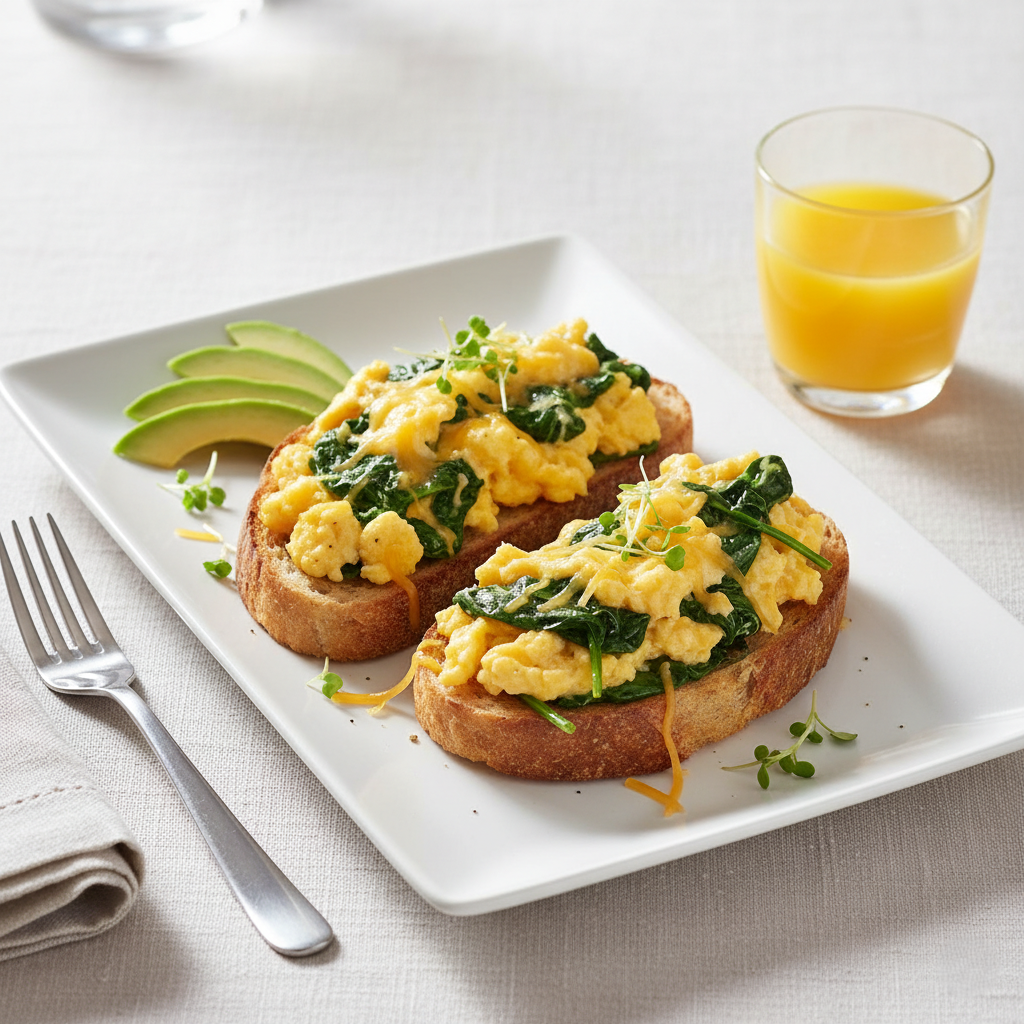 Яичница-скрэмбл с сыром и шпинатом на тосте