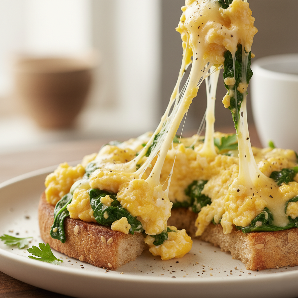 Яичница-скрэмбл с сыром и шпинатом на тосте