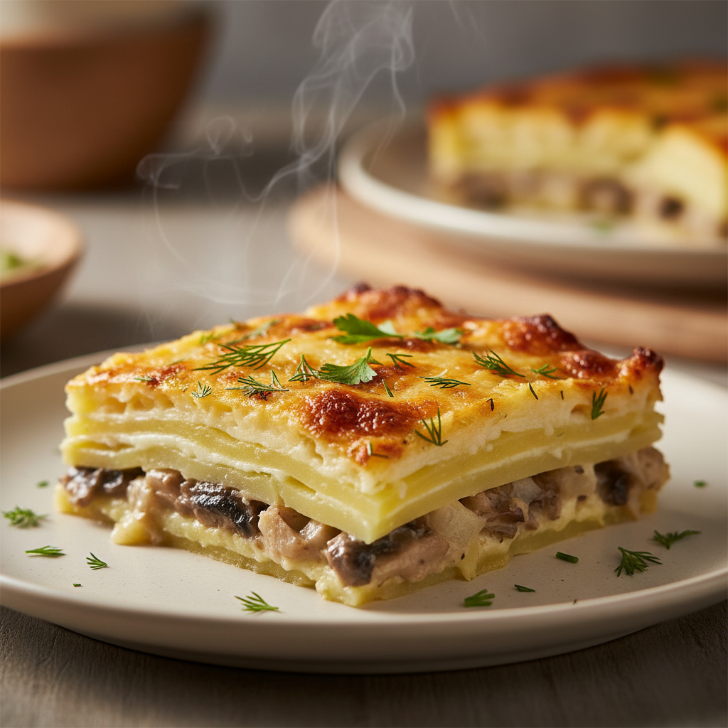 Ароматная картофельная запеканка с грибами под сырной корочкой