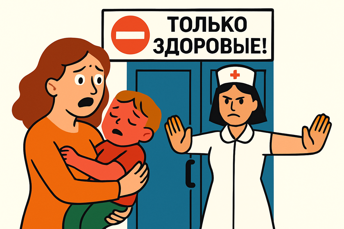 У сына 39. Скорая не едет. Я прибежала в поликлинику сама.
А меня развернули на пороге: "Сегодня день здорового ребёнка". Я в шоке. Куда мне идти с горящим ребёнком?