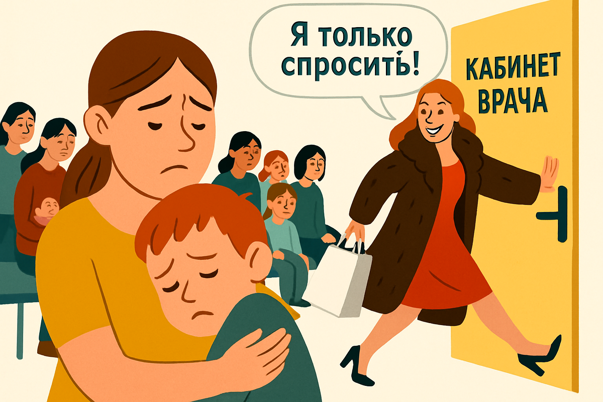 «У вас талон? Ждите! А Леночка — проходи, чай попьём!». Сидим час с больным ребёнком. Врач занят. Оказывается, занят "подругой", которая зашла "только спросить" с пакетом.  Я в бешенстве. Мой ребёнок хуже её знакомой?