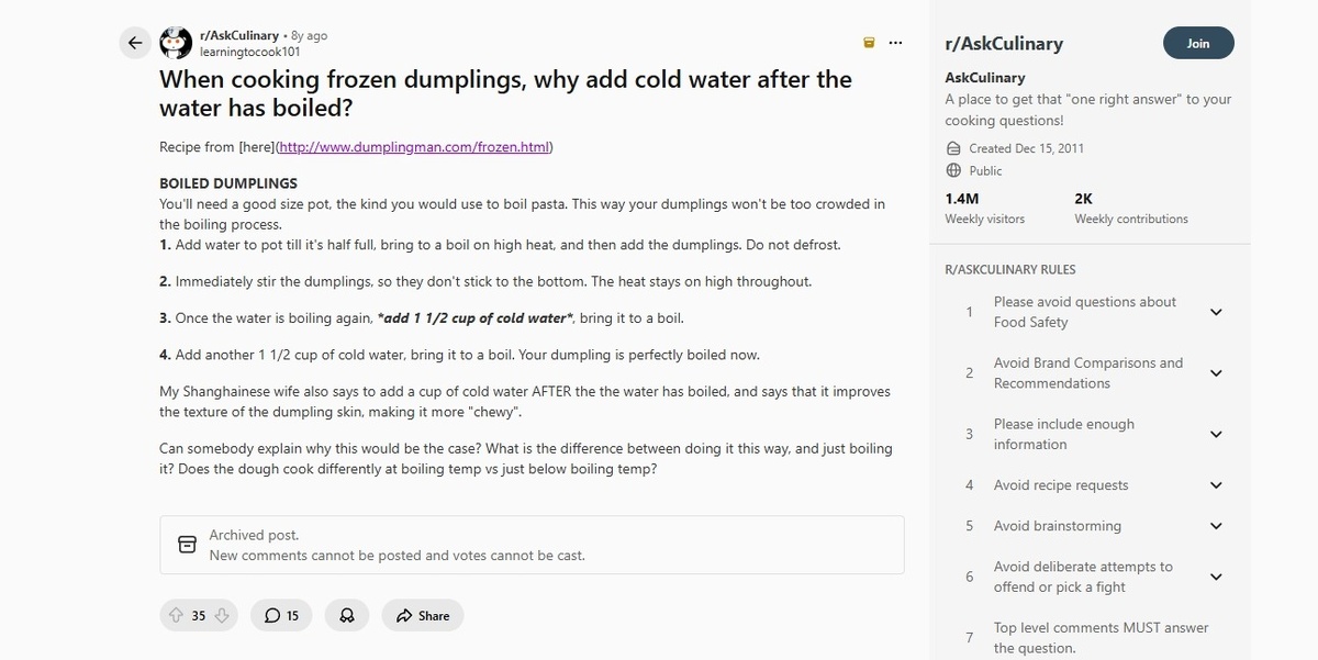    Пост на Reddit с рецептом идеальных пельменей