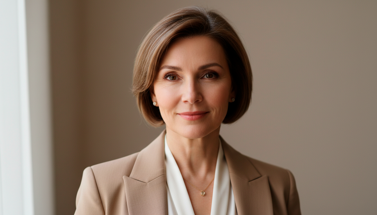 Посмотрите на эту женщину, ей за 50 и она прекрасна. Видите эту уверенность в глазах? Это не про дорогие бренды, это про заботу о себе. Структурированный жакет, аккуратная укладка, лёгкий макияж, настоящая элегантность.