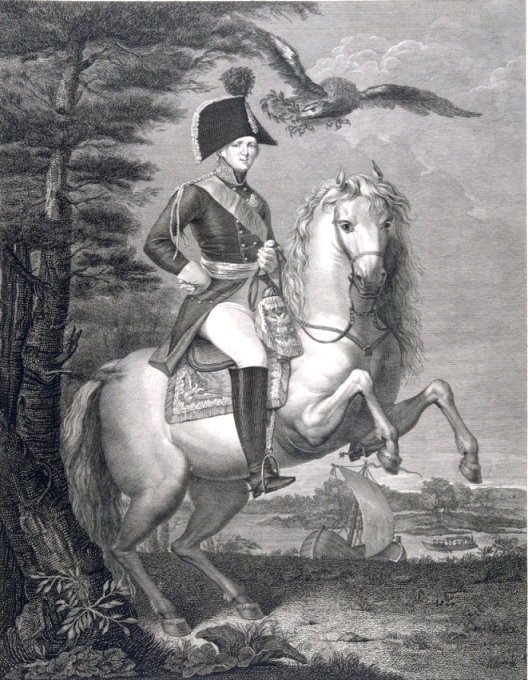 Портрет Александра I на коне, гравюра С.Карделли с оригинала А.К.Виги, начало 1800-х, Гос.Эрмитаж