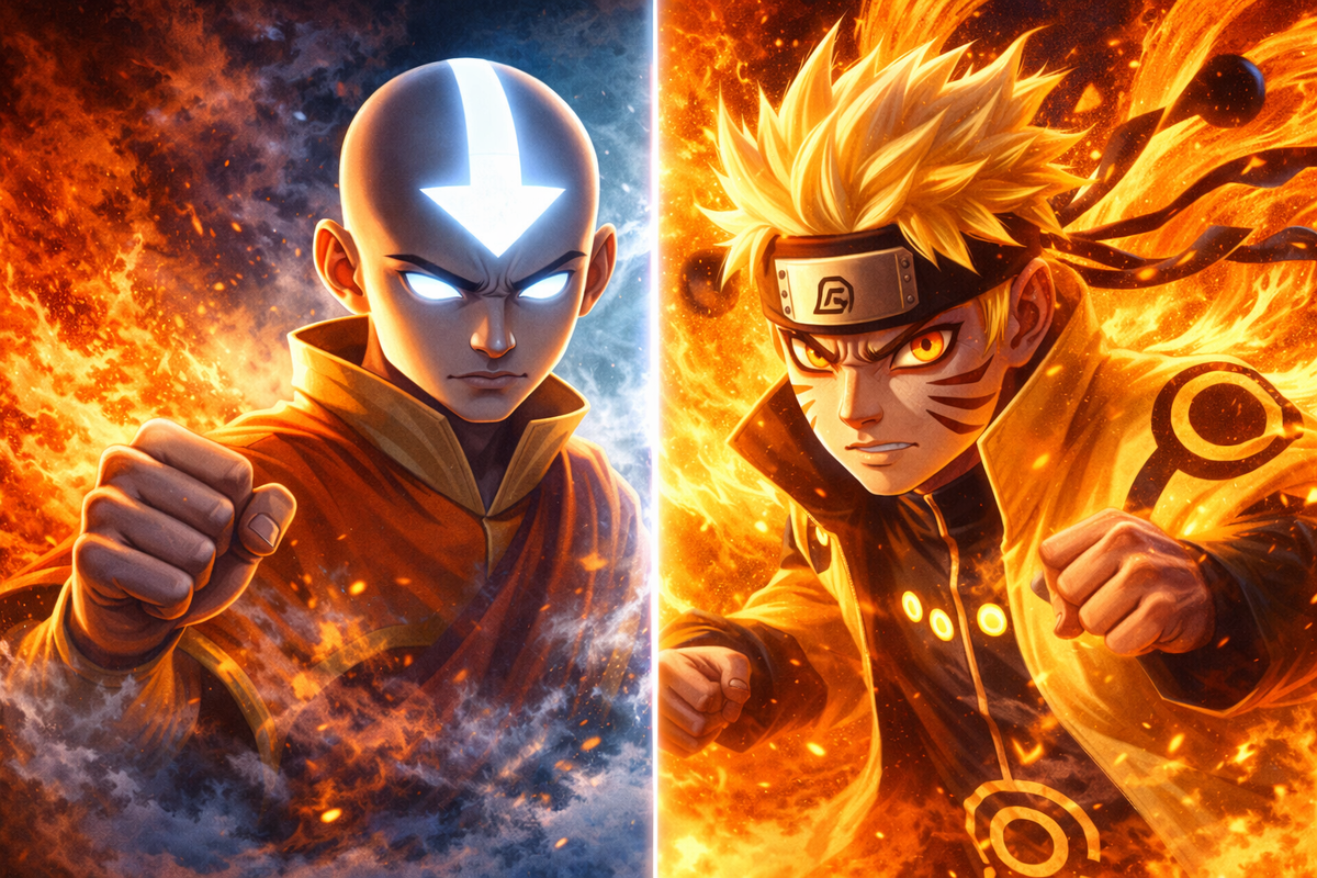 Аанг в состоянии Аватара и Наруто в состоянии девятихвостого с силой мудреца 6 путей. 