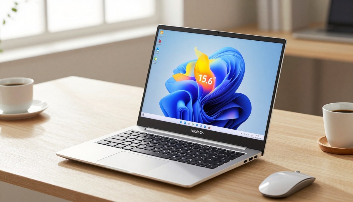На переднем плане был представлен элегантный ноутбук ASUS Vivobook Go 15E1504GA-BQ550 с дисплеем разрешением 15,6" FHD, который отличается яркостью и четкостью изображения и разрешением экрана 1920 x 1080 точек. Ноутбук открыт, и его рабочий стол украшен красочными обоями, подчеркивающими его яркие графические возможности. Ноутбук окружен минималистичным рабочим пространством со стильным письменным столом, некоторыми техническими аксессуарами, такими как беспроводная мышь и кофейная чашка, что создает современную профессиональную атмосферу. Мягкий естественный свет льется из окна на заднем плане, создавая теплую и располагающую атмосферу. Угол обзора немного выше уровня глаз, что позволяет подчеркнуть элегантный дизайн и функциональные возможности ноутбука, а мягкий эффект боке на заднем плане придает ноутбуку безупречный вид.