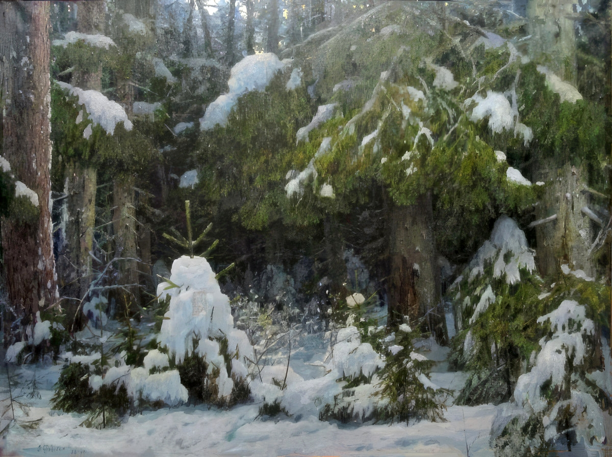 "Лес в снегу", 1958-1960 годы. Холст, масло 150 x 200 см. Новокузнецкий художественный музей. Бродская Лидия Исааковна