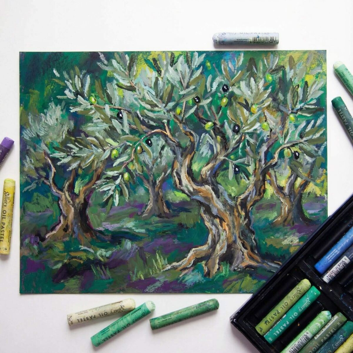 Рисунок пастелью "Оливковые деревья". 