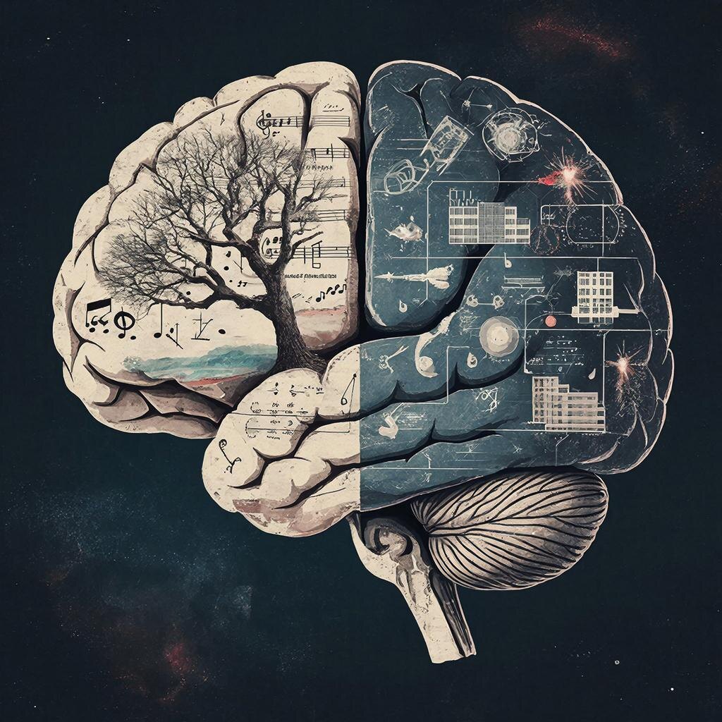 Разум-созидатель. В одном полушарии — нежность, в другом — чертеж машины, что испепелит.