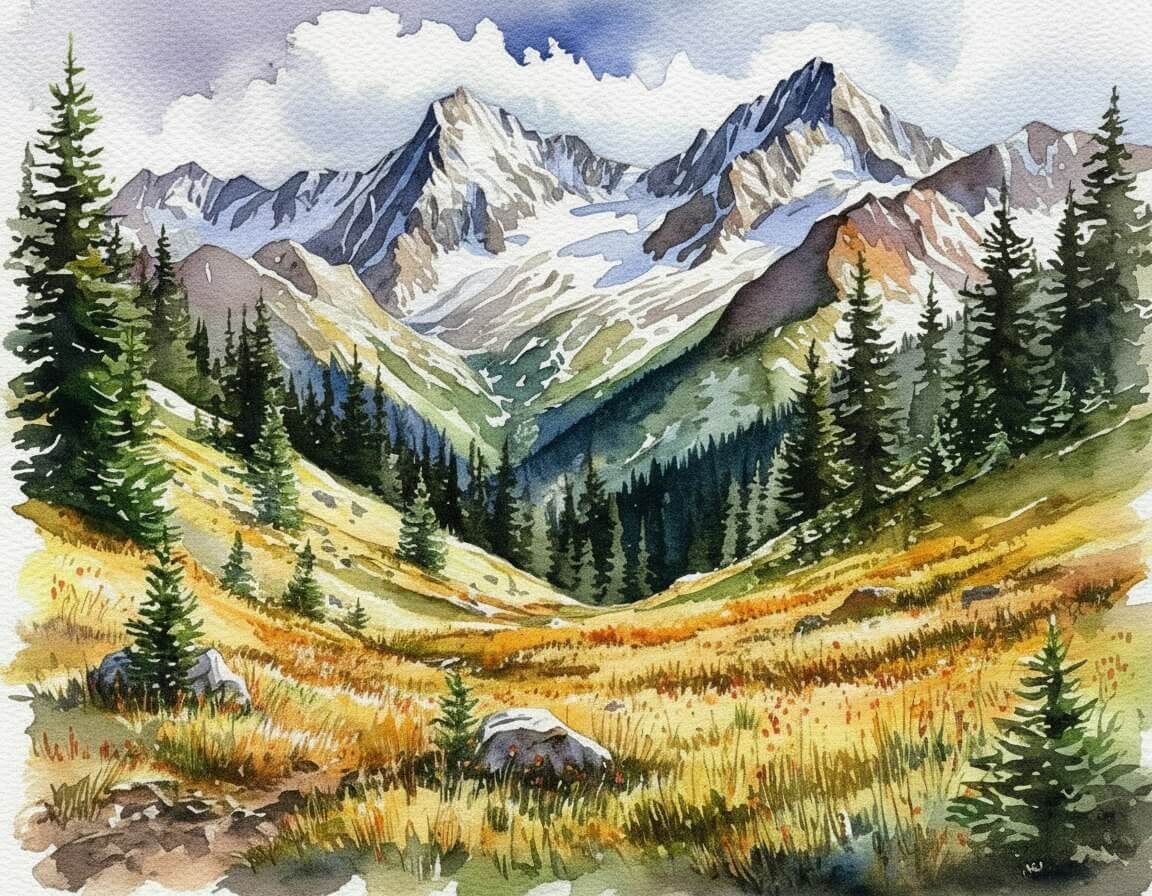 Акварель "Альпийский пейзаж".