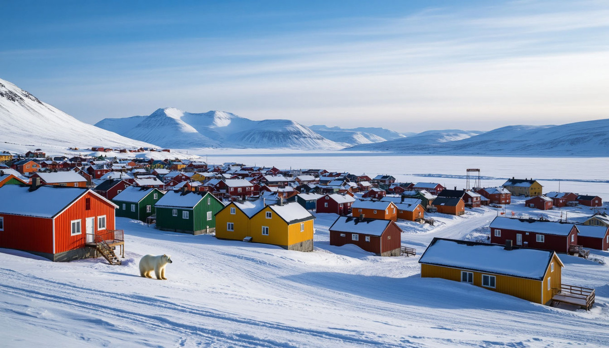 Иллюстрация Лонгйир: детские площадки окрашены в кислотные цвета, чтобы бороться с монохромностью полярной ночи.