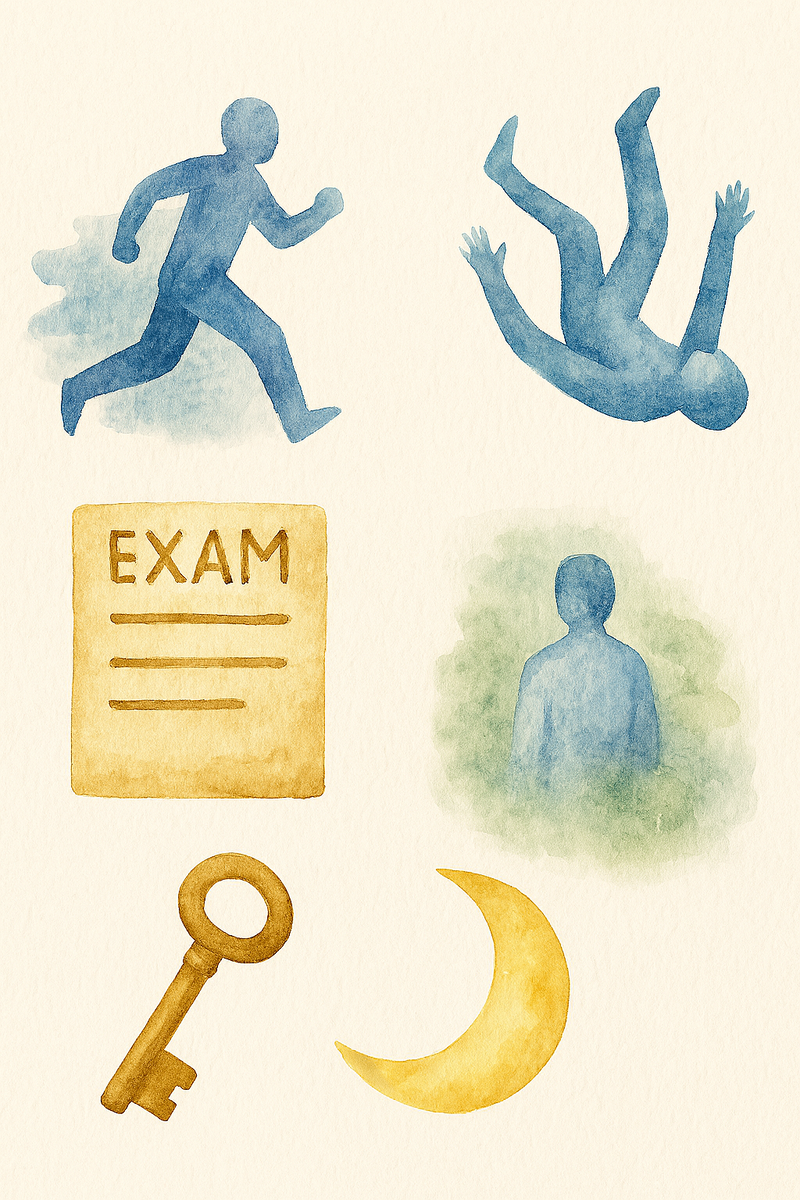 Символы сна: погоня, падение, экзамен и лабиринт. Каждый образ передаёт эмоциональную суть сюжета — бегство, потерю контроля, проверку себя и растерянность. 