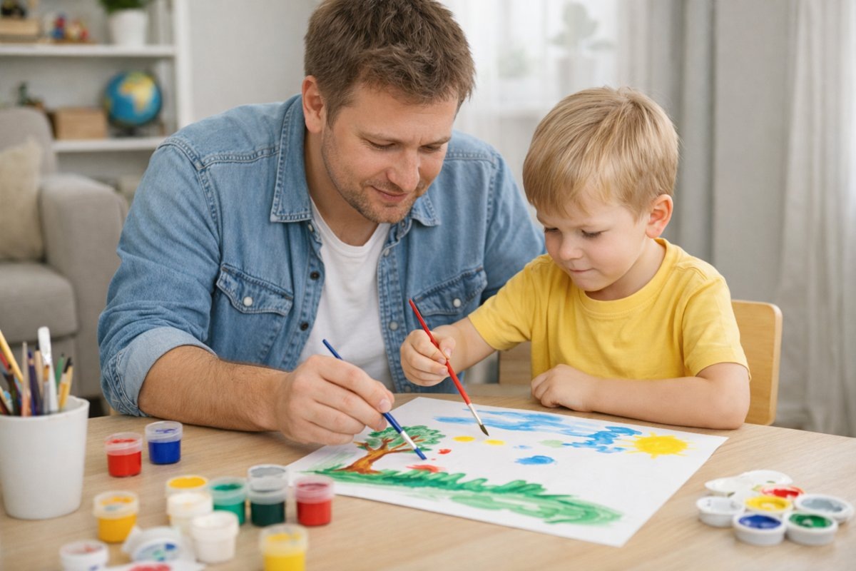 Ребенок с папой вместе рисуют картину