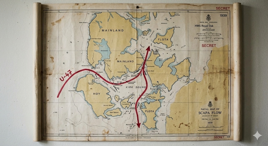Игольное ушко. Пролив Керк-Саунд был перекрыт тремя затопленными судами, но между ними оставался зазор шириной всего 15 метров