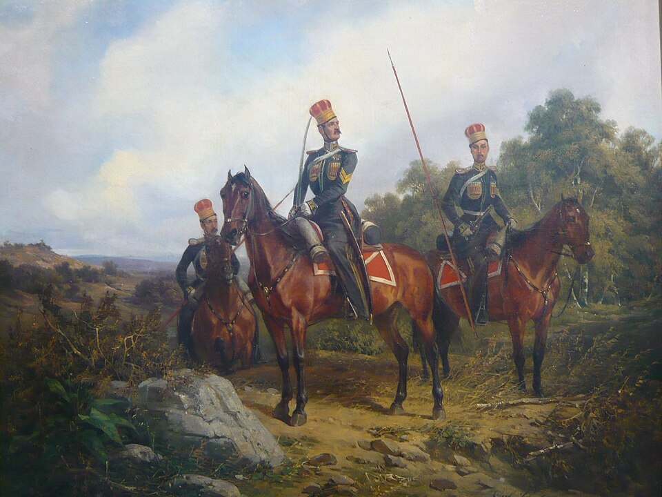 Разъезд татарского полуэскадрона, остановившийся в кустарнике. Художник К. Шульц. 1850 г. ГМЗ «Царское Село».