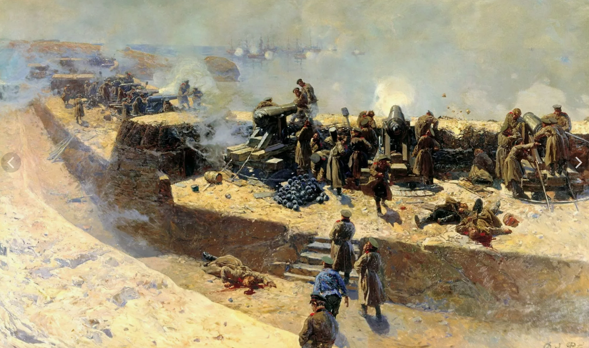 Франц Рубо. «Отражение бомбардировки англо-французского флота со стороны Александровской батареи». 1905 г. СПб. Источник	http://ocean-media.su/admiral-kornilov/frants-alekseevich-rubo-oborona-sevastopolya-fragment-panoramy/