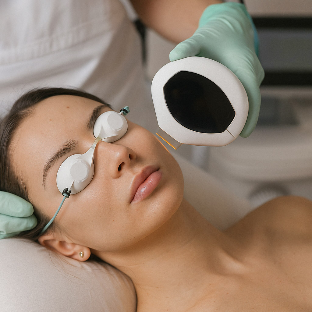 Lumecca проходит так: кожу очищают, на глаза надевают защитные очки/экраны, затем наносят гель и делают серию вспышек с короткими ощущениями тепла и «щелчков».