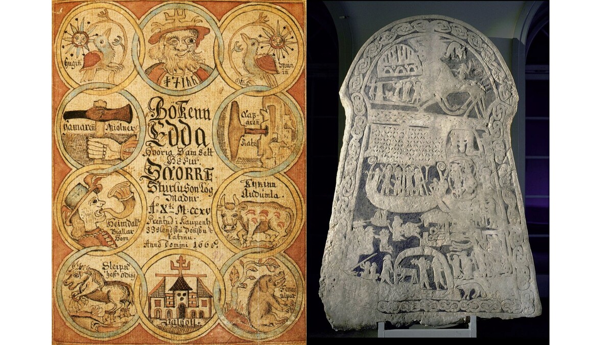 Титульный лист манускрипта «Младшей Эдды» XVIII в., изображающей Одина, Хеймдалля, Слейпнира и др. героев скандинавской мифологии / Камень Ардре VIII