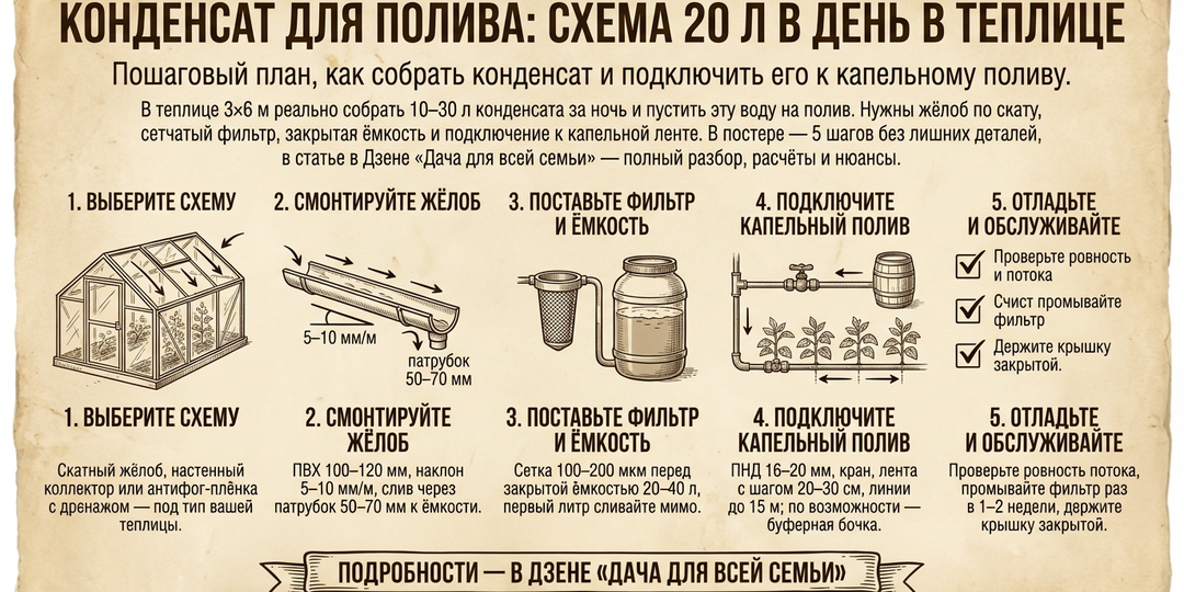Как собрать конденсат для полива в теплице — схема на 20 л/день