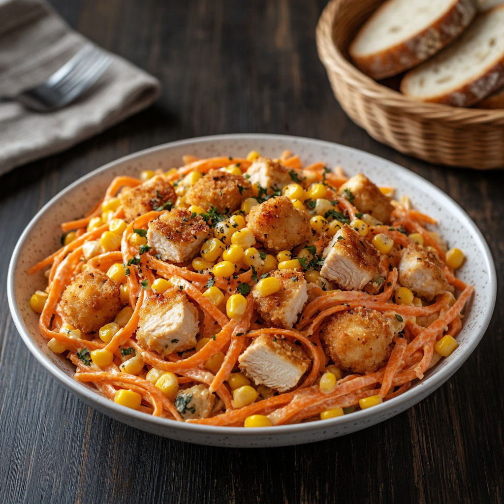 Салат с курицей, омлетом, кукурузой и корейской морковью — сытный и яркий! 🥗✨