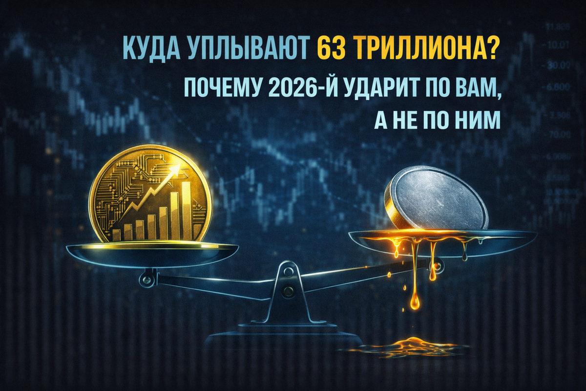 Контрастная абстрактная иллюстрация к статье о грядущем экономическом кризисе. Золотая и железная монеты на фоне падающих биржевых графиков символизируют раскол между богатыми и бедными