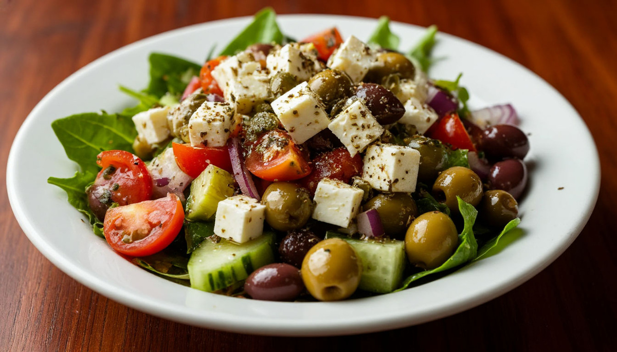 🥗 Греческий салат по-питерски: вместо феты — брынза, вместо маслин — маринованные каперсы.