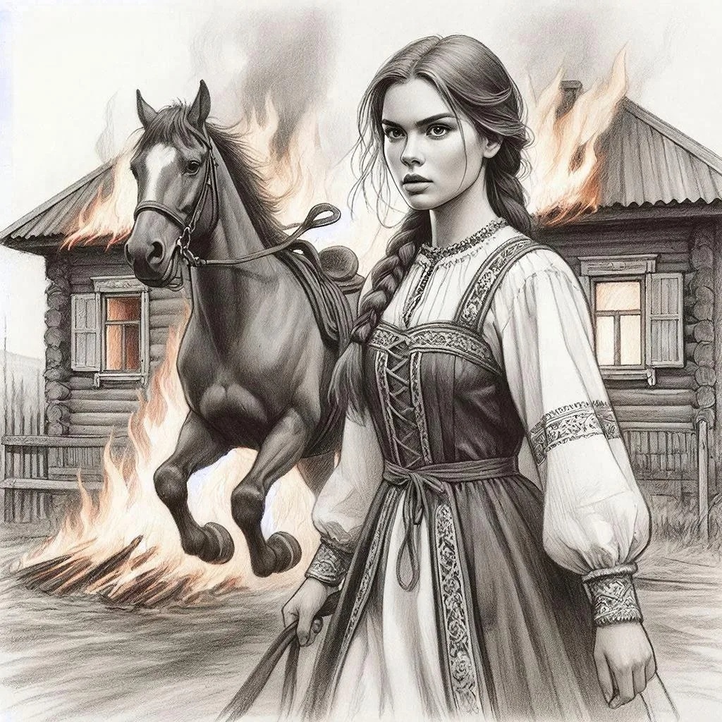 Иллюстрация к отрывку из поэмы Н.А.Некрасова «Мороз Красный Нос» – "В игре ее конный не словит, В беде — не сробеет, — спасет; Коня на скаку остановит, В горящую избу войдет!" Сгенерировано нейросетью GigaChat по запросу автора в стиле "рисунок карандашом".